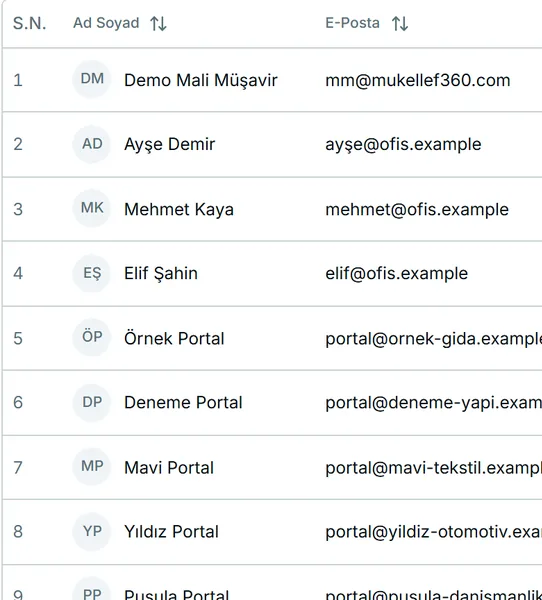 Kullanıcı listesinden bir kırpım: mükellef girişi hesapları.