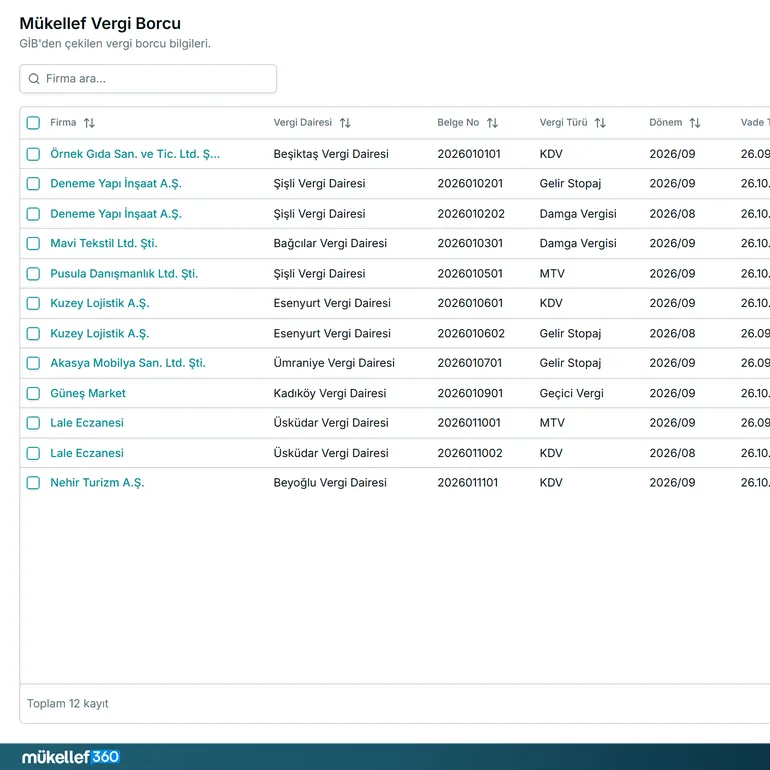 Vergi borcu takip programı: anapara, faiz ve toplam borç dökümü ekranı